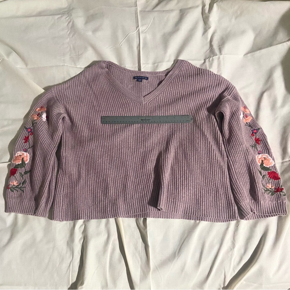 Cropped Off-the-Shoulder Sweater with Flower Embroidery